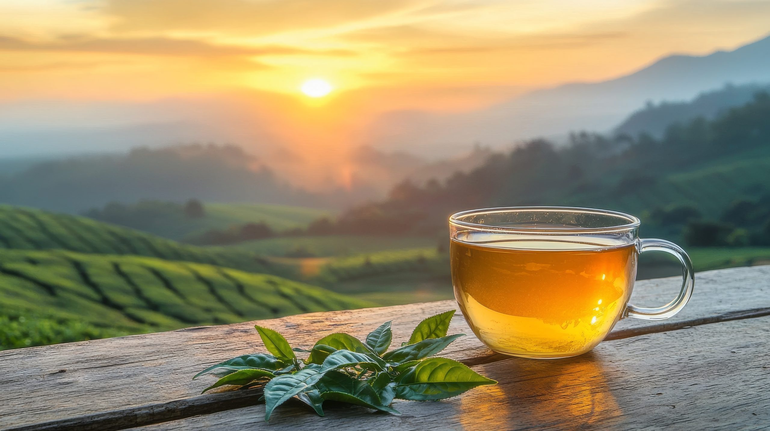 The background of the tea plantations is accompanied by a green tea cup with a green tea leaf Herbal tea cup with tea plantation at sunrise